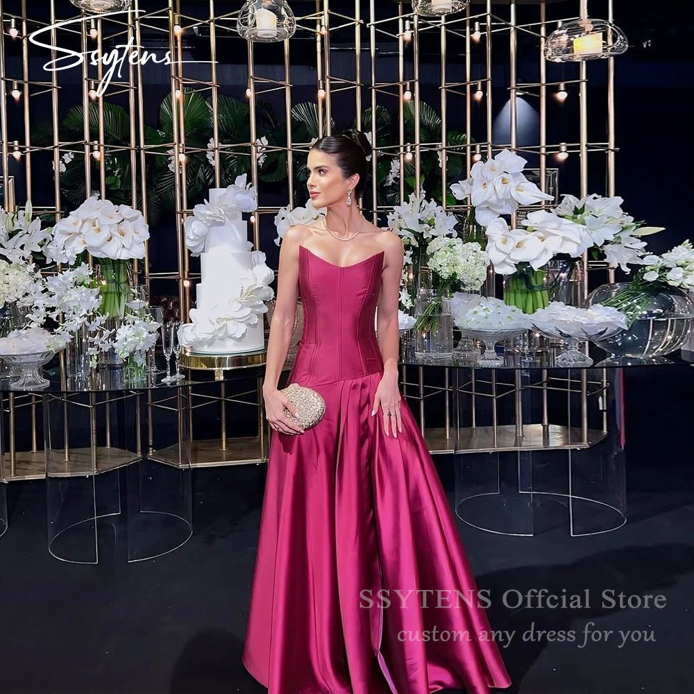 SSYTENS Hot Pink Silk Satin Long Evening Dresses Strapless Floor Length Wedding Prom Gowns Formal Occasions Dresses Customized