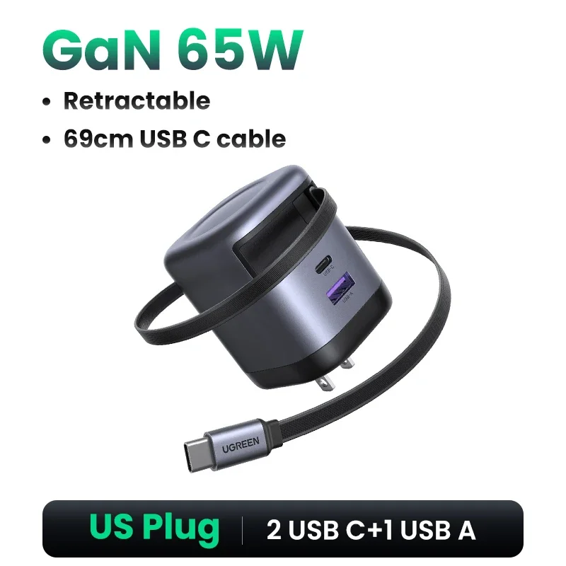 UGREEN 100W GaN-oplader met intrekbare USB C-kabel UFCS PPS PD snellader voor laptop Macbook Pro iPad tablet iPhone Samsung