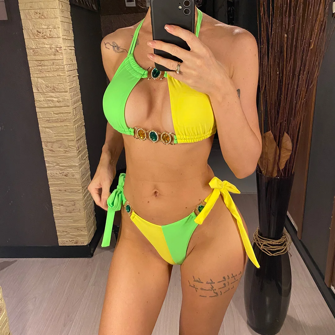 8 Farben Diamant-Strass-Bikini Damen-Badebekleidung Zweiteiliger Bikini-Set Badeanzug Schwimmanzug V5132 – Detail 13