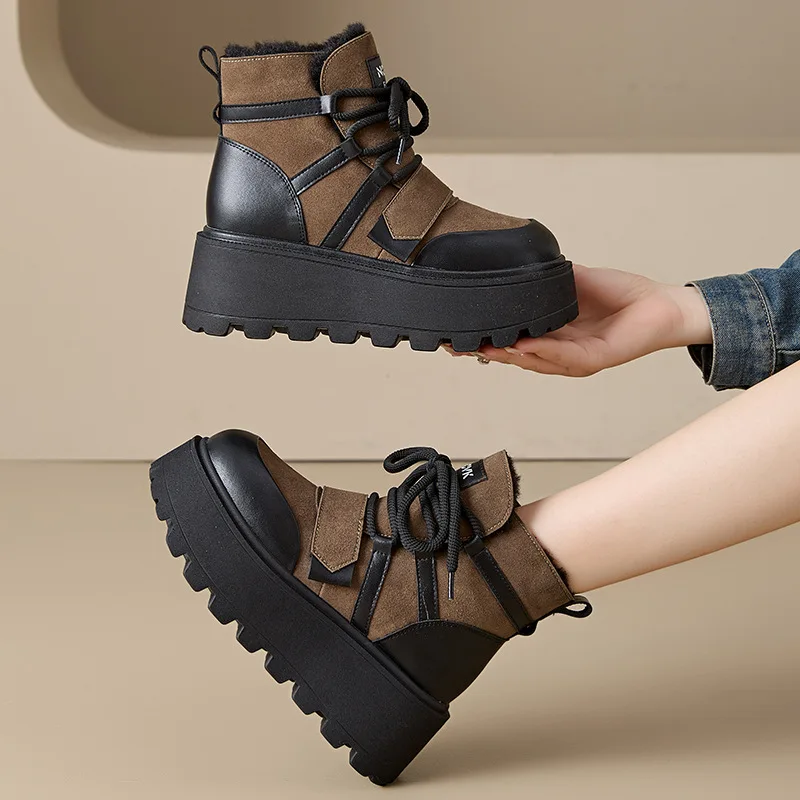 Fujin 7cm Retro cow Genuine Leather Ankle Mid Calf Motorcycle Booties Woman Ladies Lace Up Platform Wedge Autumn British Shoes