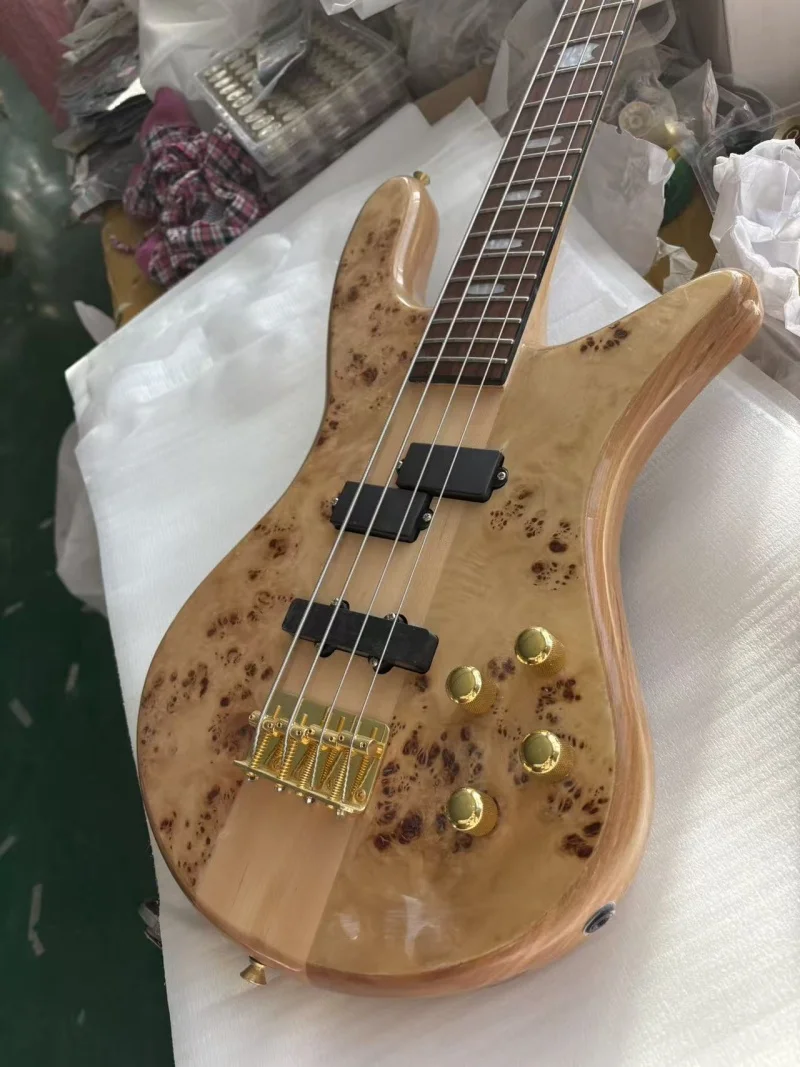Natural color high-gloss 4-string bass, neck attached to the body, gold hardware, built-in electronic components, free delivery