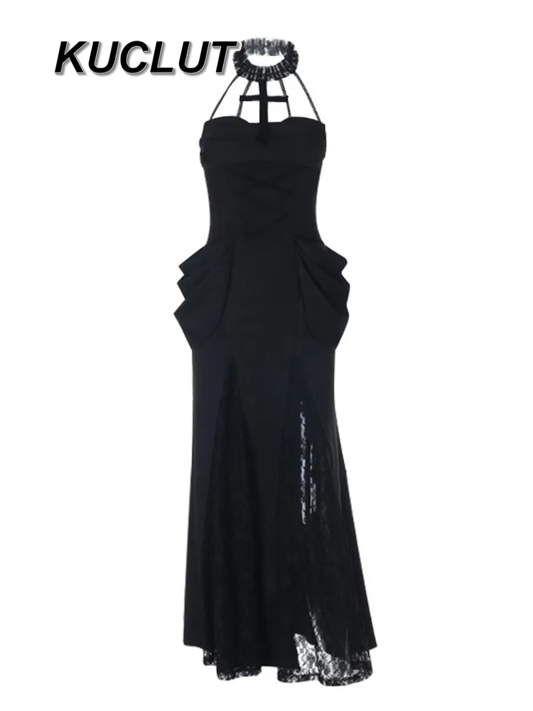 

Платье в стиле панк Y2K с завязками на шее, черное, сексуальное, для женщин, летнее, облегающее, готическое, модное, с завязками на талии, элегантное, длинное