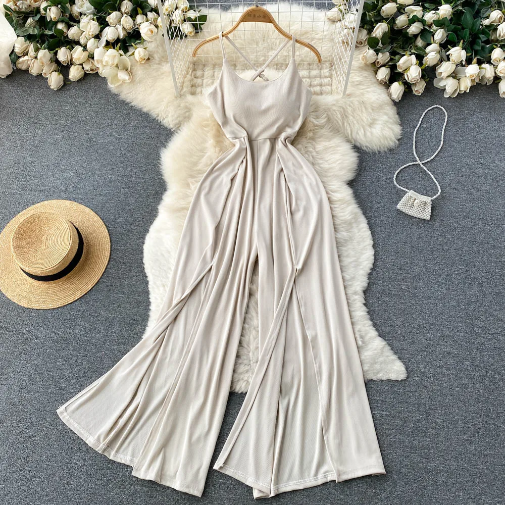 Chic Vintage slim backless slip Top Jumpsuit Elegant High Waist pleated split Wide Leg Pants Summer Women Playsuit