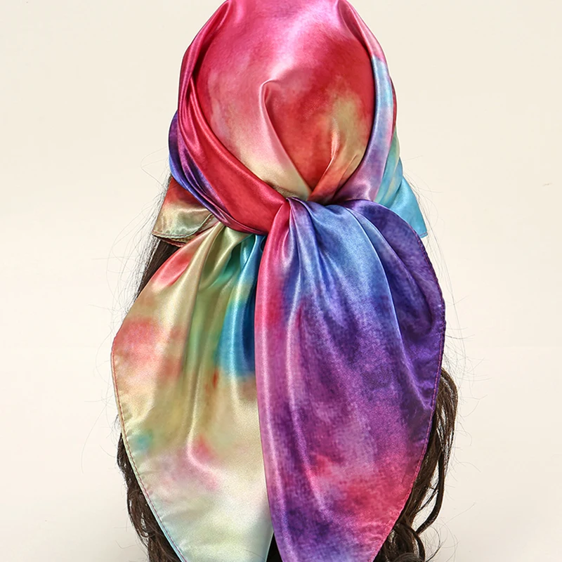 Fashion Fireworks tie dyeing Satin Silk Square Scarf Digital Printed Muslim Women Headscarf Ladies Elegant Headband Hair 90*90cm