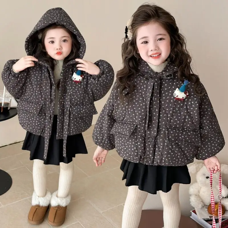 

Sanrio HelloKitty детская одежда на хлопковой подкладке, осенне-зимняя детская одежда с героями мультфильмов, утепленное пальто в стиле аниме, милые топы, подарок для девочек