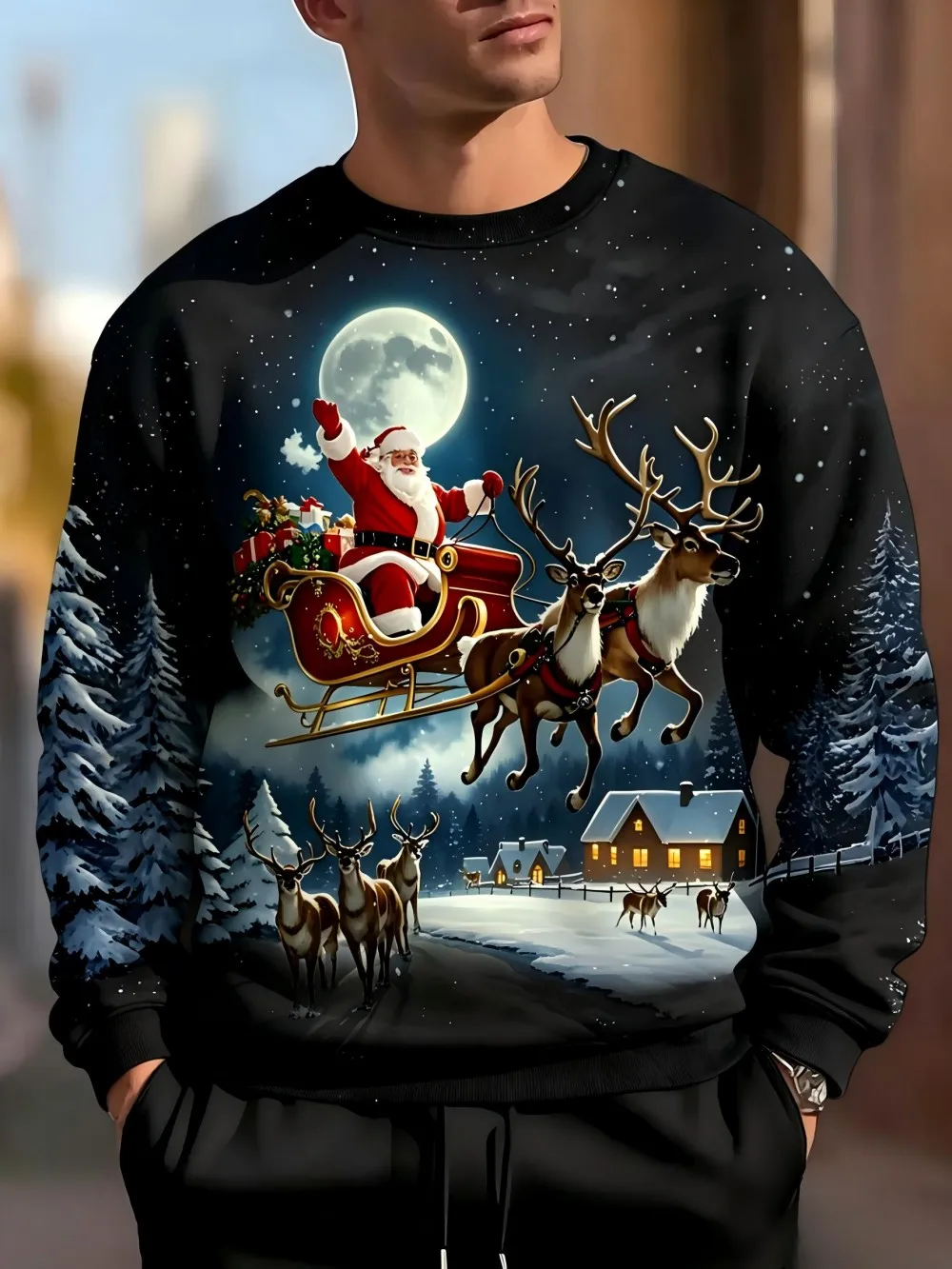 Camiseta americana de manga larga con cuello redondo, suave y cómoda, con estampado de Papá Noel y renos, para hombre, informal, para exteriores
