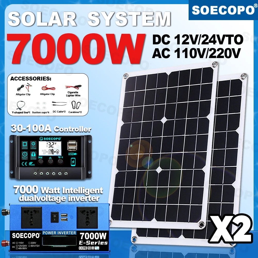 SOECOPO 7000W 2*500W Solarpanel DC 12V - AC 110V/220V Wechselrichter Komplettes Solar-Kit 100A Controller Camping USB 5V/1,5A Zuhause
