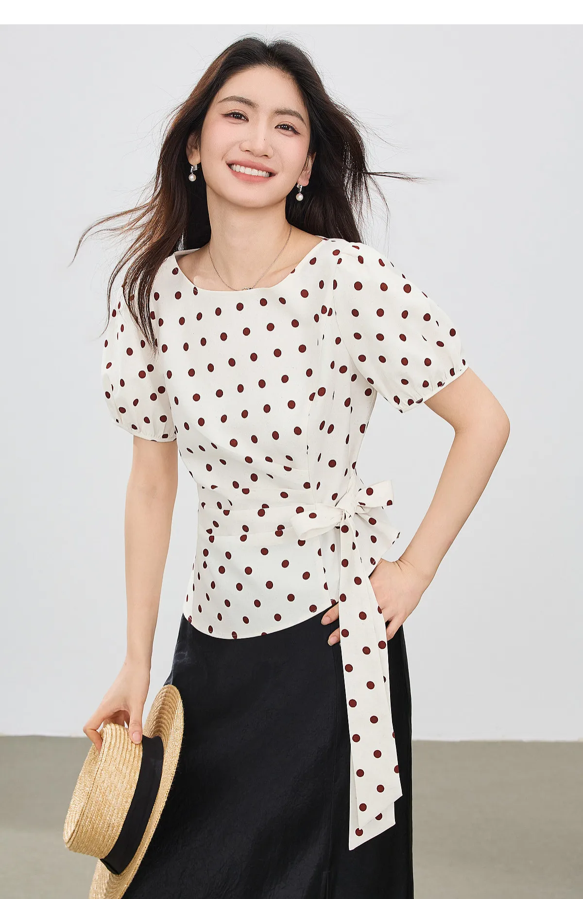 SENTUBILA Damenbluse 2026 Sommer Leinen Chiffon Polka Dot Rundhals Tailliertes Kurzarm-Oberteil 162VB7336 – Detail 17