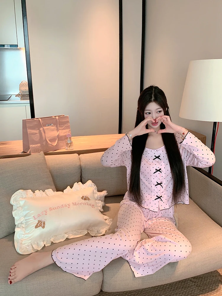 Sweet Girl Bow Polka Dot Printing Single-breasted Pajamas Summer New Comfortable Soft Outdoor Loungewear