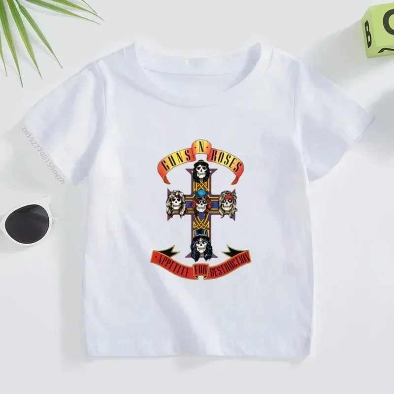 3T~14T Rock Band Gun N Roses Children\'s T Shirt Boys and Girls Kpop Music Short Sleeve Tops Kids Casual Cotton Clothes