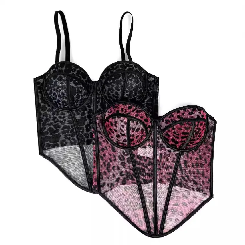 Sexy Irregular Push Up Boned Corset Y2k Crop Tops French Ladies Bustier Bra Vest Tank Top Women Leopard Mesh Corsets Streetwear