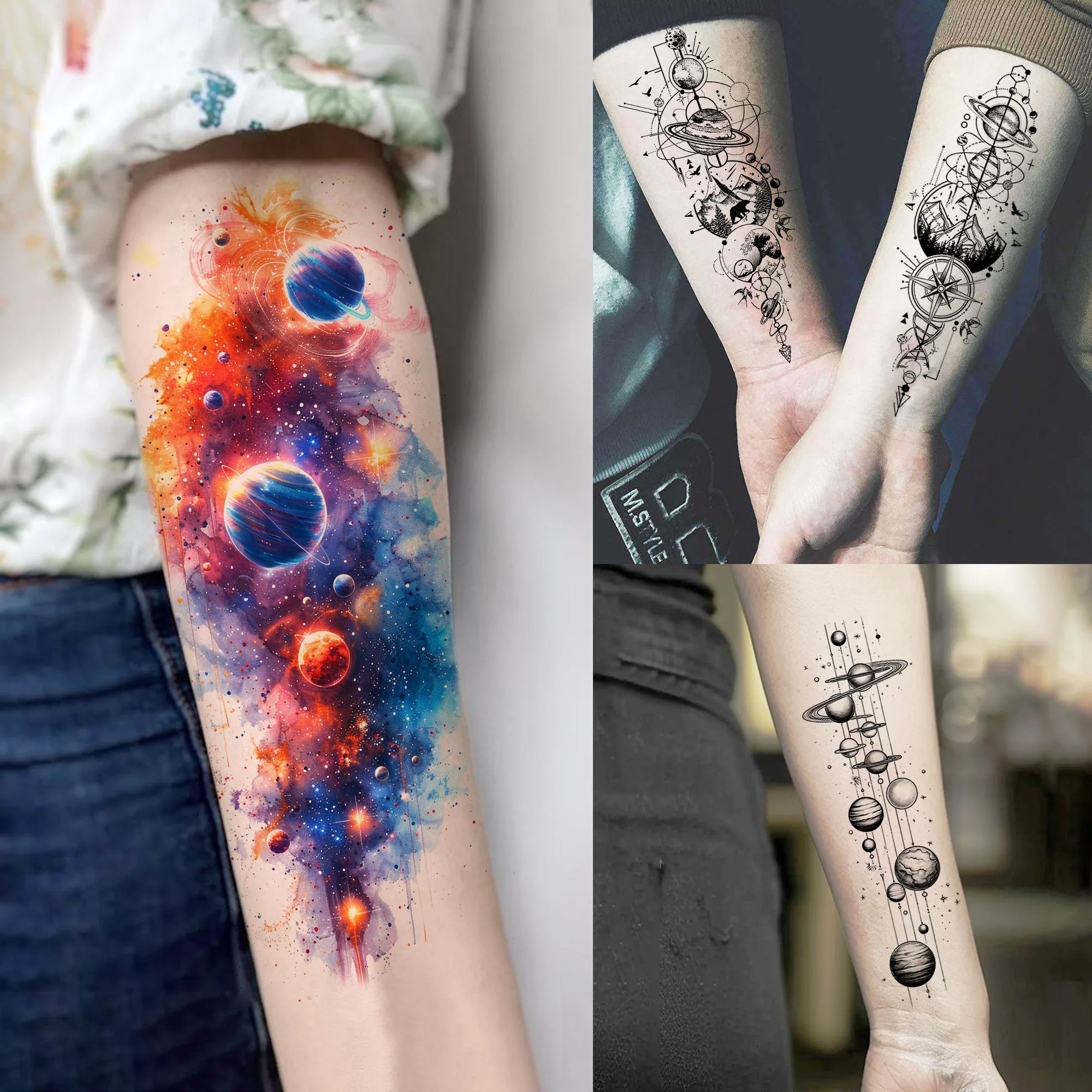 1 Sheet Creative Watercolor Universe Planets Temporary Tattoos For Men Women Waterproof Realistic Fake Tattoo Stickers Last Long