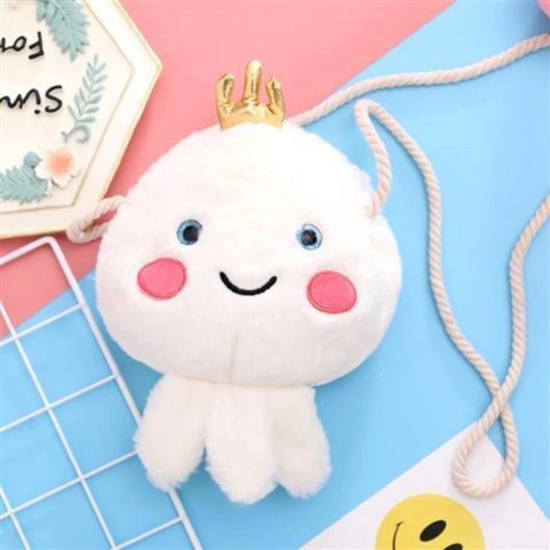 White Pink Cute Cartoon Jellyfish Shape Kawaii Plush Animal Handbag Crossbody Bag Mini Coin Purse Phone Shoulder Bag for Girls