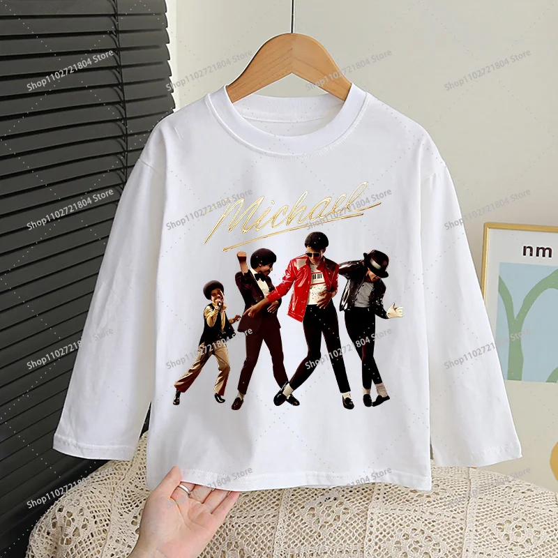 King of Pop Michael Jackson Long-sleeved T-shirt for Children Anime Cartoon Printed Base Layer Boys Girls Fashion Cute T-shirts