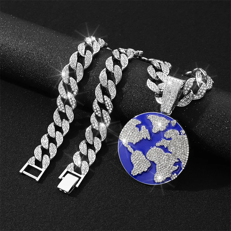 

Hip Hop Blue Earth Pendants Necklaces With Iced Out Crystal Miami Cuban Chain Choker Hiphop Choker Fashion punk Jewelry