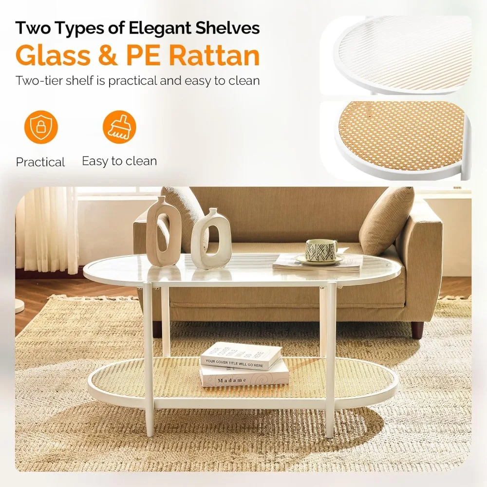 Mesa de centro moderna de metal y vidrio de 2 niveles con diseño ovalado de ratán y solución de almacenamiento estilo granja