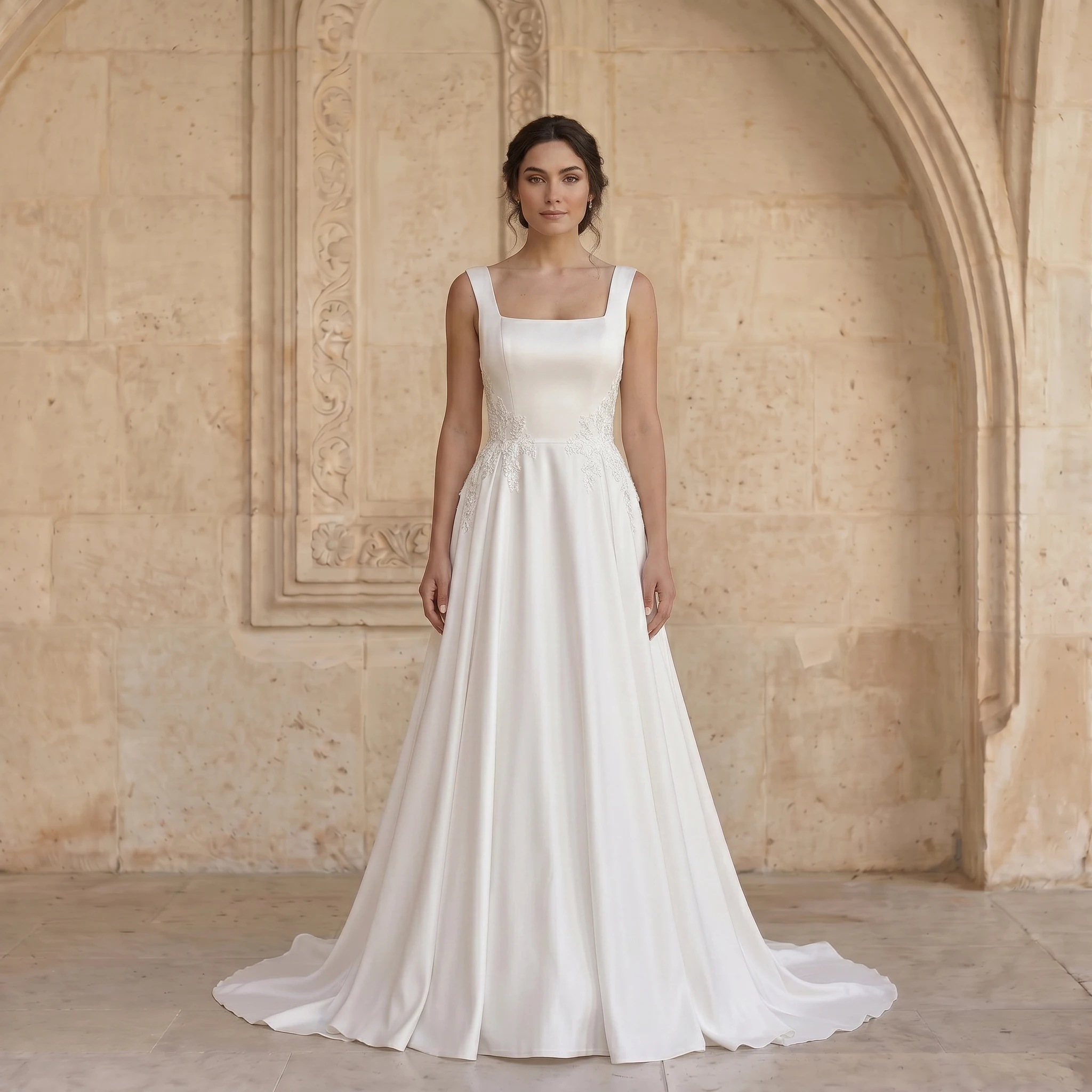 Square Wide Strap Satin A Line Wedding Dress Floral Lace Waist Corset Lace Up Back Chapel Train Minimalist Bridal Gown