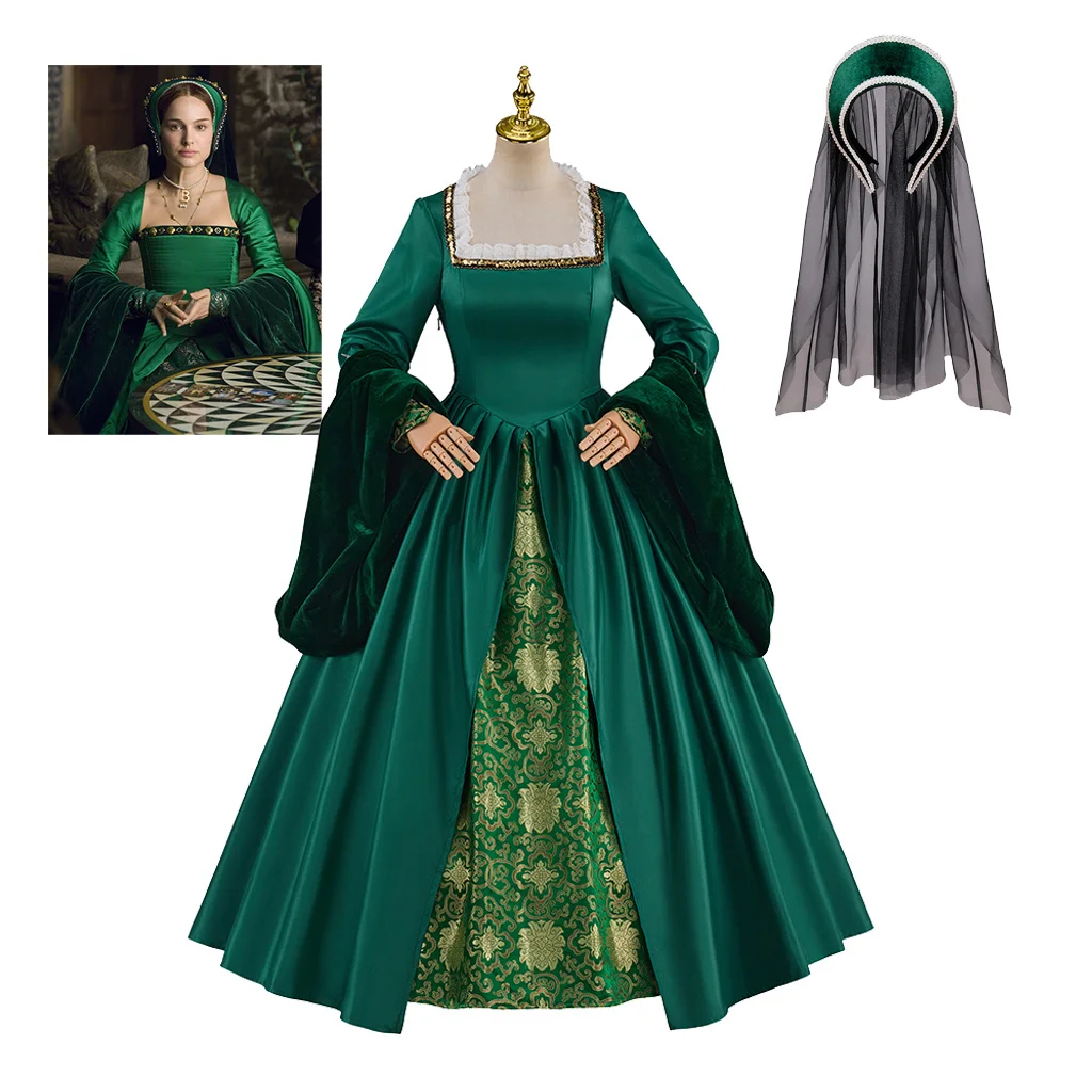 

Queen Anne Boleyn Tudor Mary Boleyn Cosplay Costume Green Ball Gown Women Tudor Elizabethan Fancy Dress With Hat Full Set