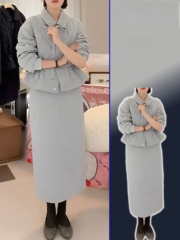 

Комплект из двух предметов: мягкая хлопковая куртка больших размеров с королевским синим ромбовидным узором и универсальная юбка с высокой талией. Модный комплект для женщин.