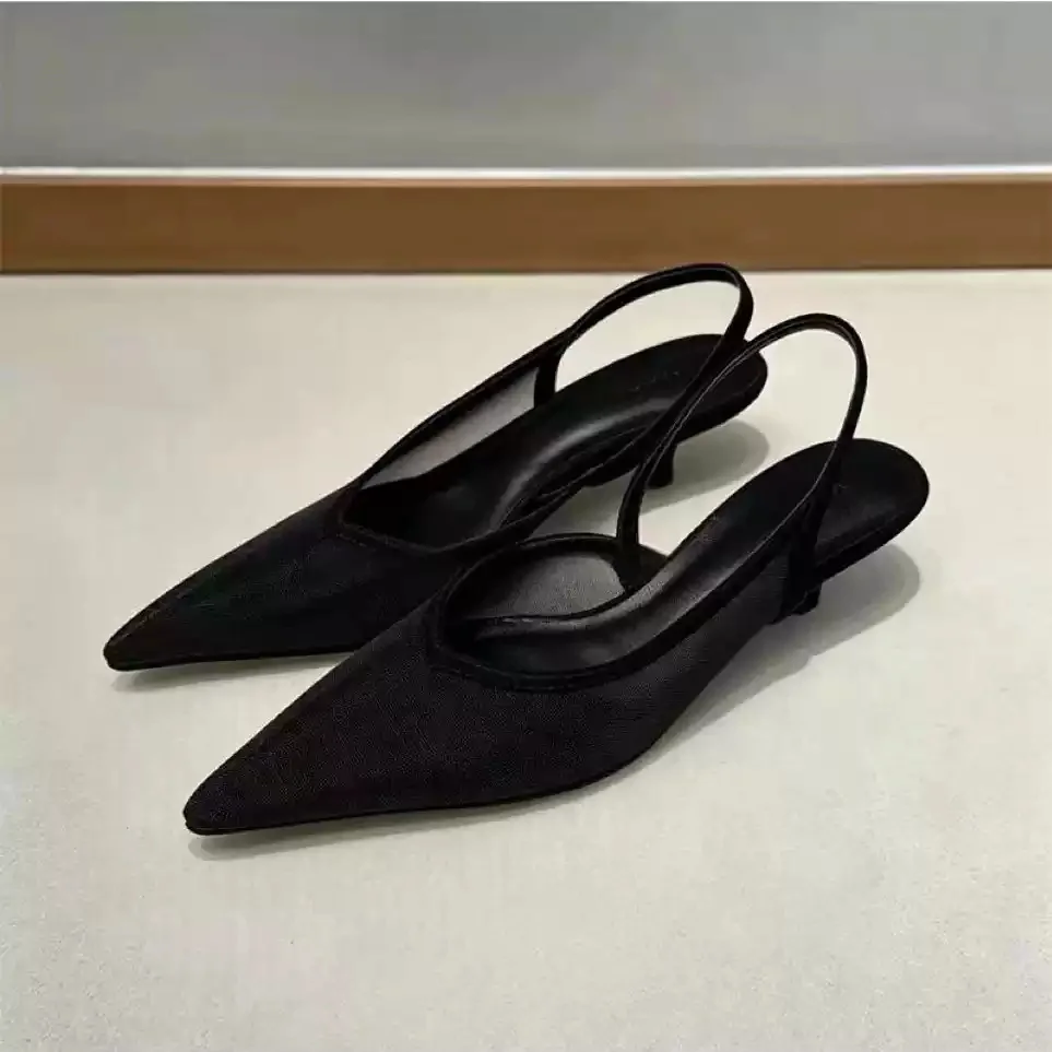 Black Mesh Pointed Toe Slingback Kitten Heel Sandals Thin Rear Strap Ladies Minimal Chic All Season Elegant Dress Daily Footwear