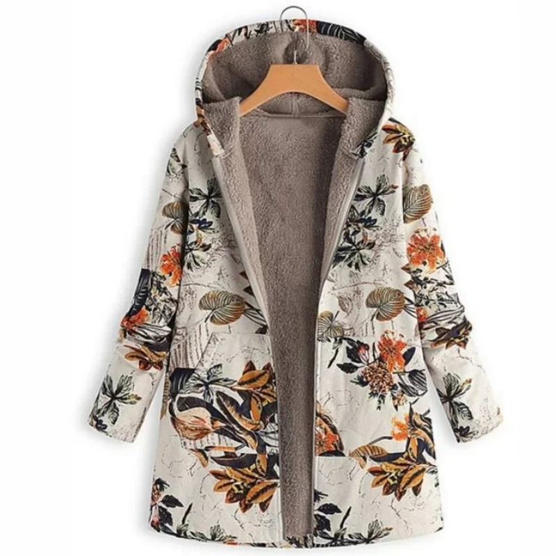 2024 New Women Winter Warm Floral Hooded Jacket Flower Print Hoody Vintage Oversized Coats Winter Padded Jacket Women Parkas