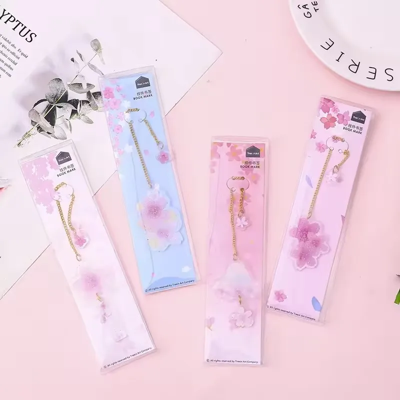 Random 1Pack Cute Sakura Flower Metal Chain Bookmark Glitter Cherry‑Blossom Pendant Hanging Book Marker Stationery Gift