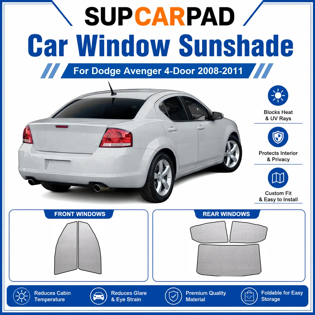 For Dodge - Dodge Avenger 4-Door 2008-2011 Full Set Car Window Sunshades UV Block Privacy Heat Insulated Foldable Car Curtain
