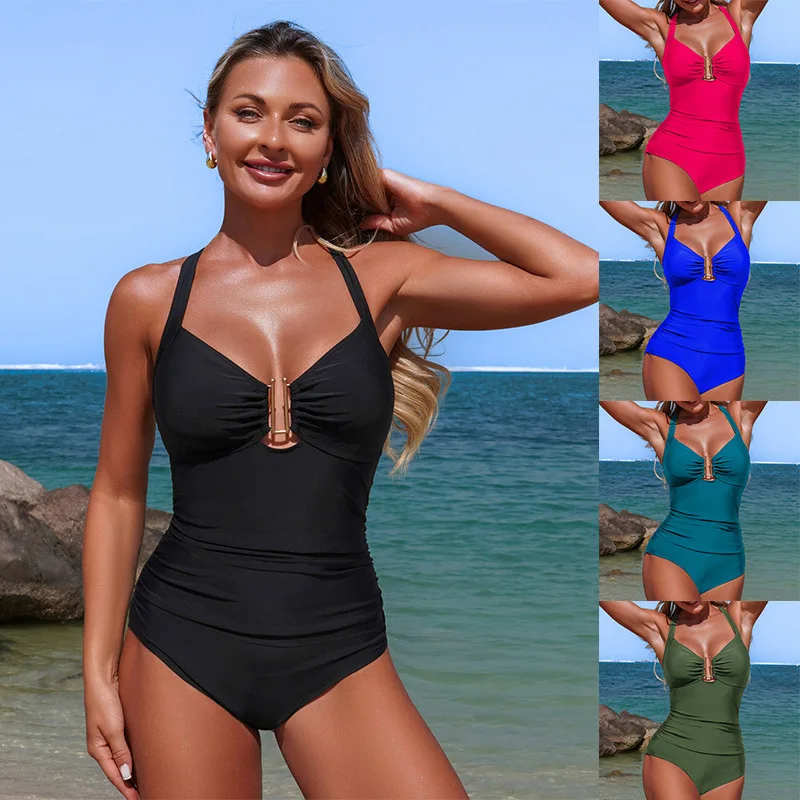 One Piece Swimsuit Swimming Suit for Women New Fashion Retro Japanese Style Backless Simple High-Waisted Beach Vacation