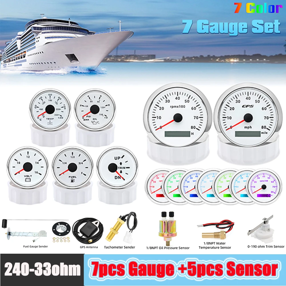 

85MM GPS Speedometer Tachometer+52MM Water Temp Oil Pressure Fuel Level Meter Voltmeter for Car Boat ATV 7 Gauge Set with Sensor