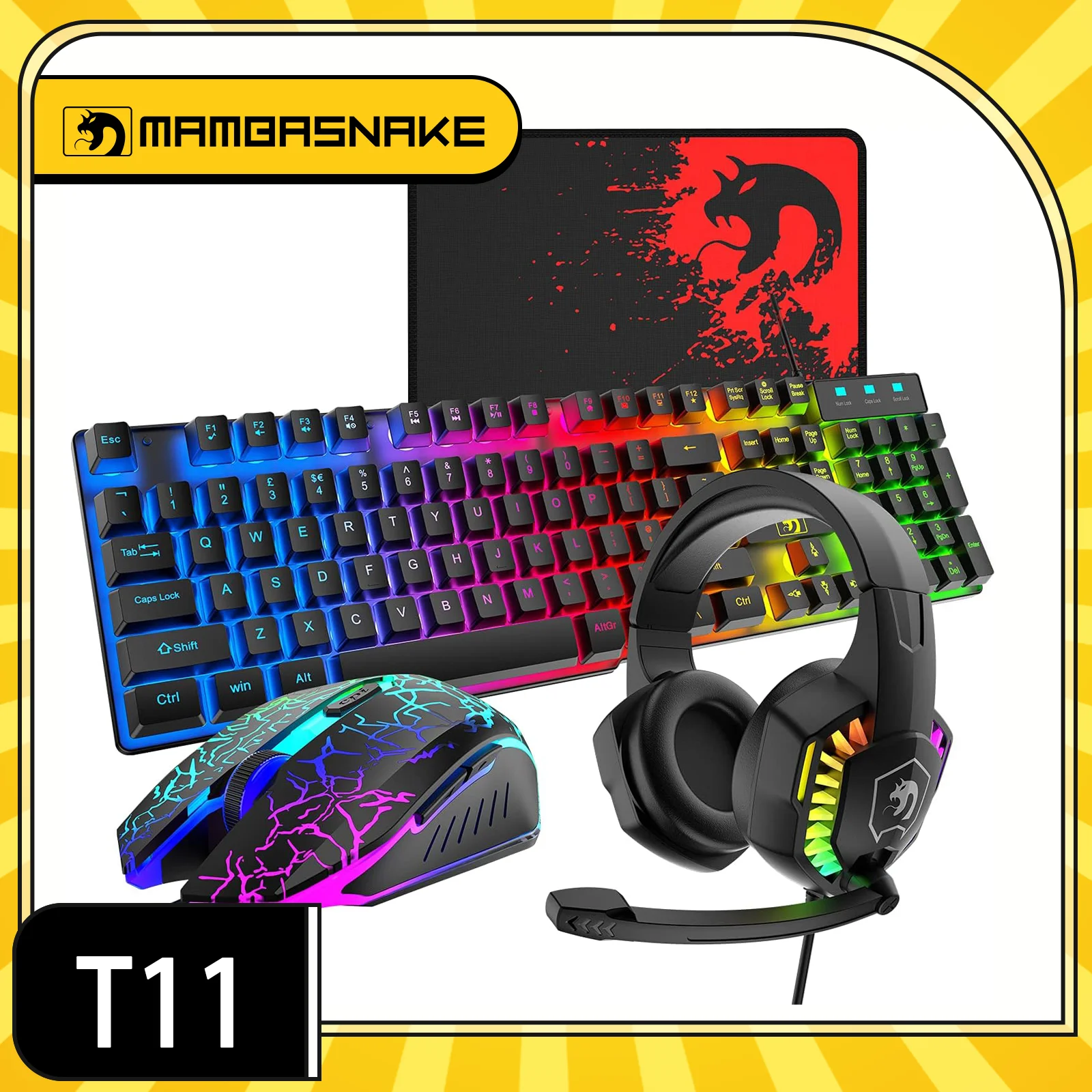 

MAMBASNAKE Wired Gaming Keyboard and Mouse Headset Mouse Pad Combo Rainbow LED Backlit for PC Laptop Mac PS4 Xbox