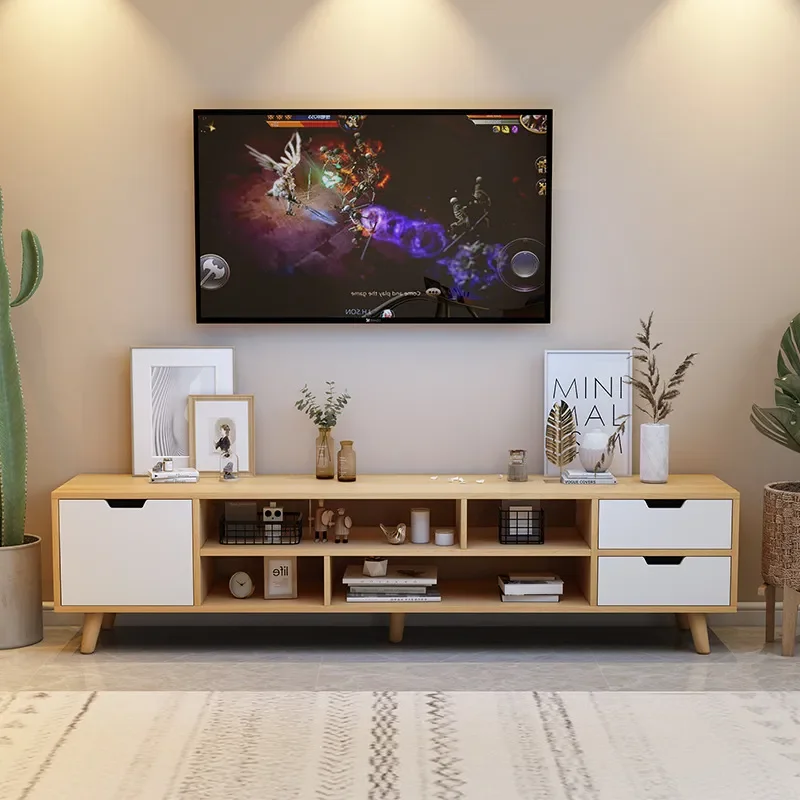 モダンなシンプルなテレビキャビネット、無垢材の脚付き低床収納ユニット、狭いアパートのリビングルーム、寝室、家庭用