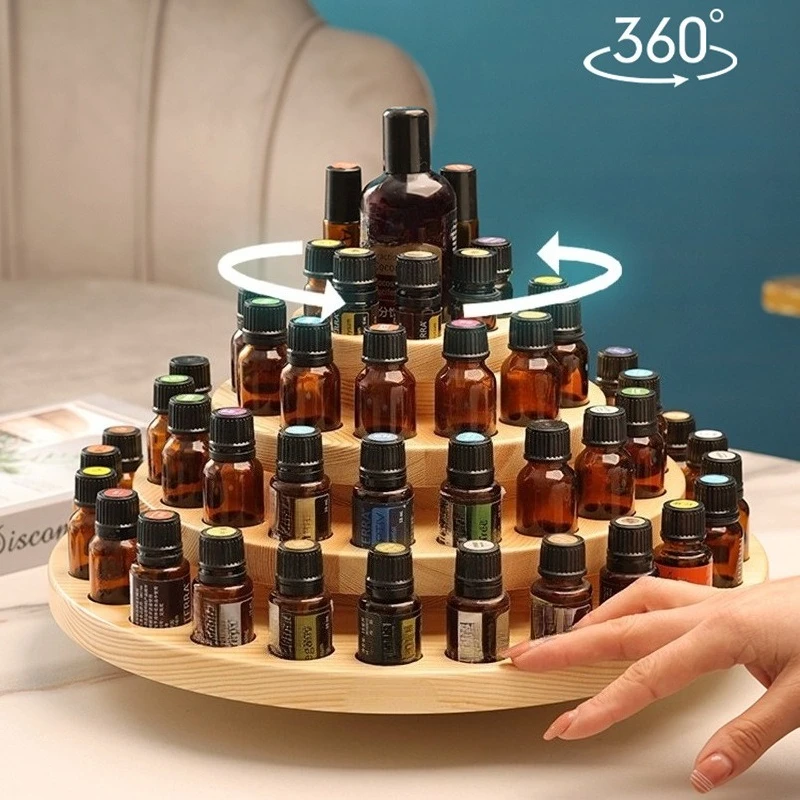 63 Grid Essential Oil Rack Rotatable 4 Layers Storage Racks Solid Wood Aromatherapy Display Racks Simple Portable Storage Shelf
