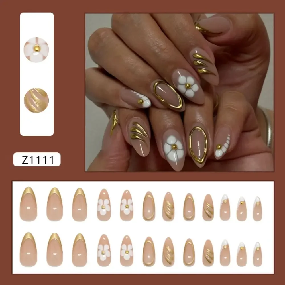 24pcs Manicure Long Almond False Nails Flowers Starfish Misty Blue Retro Fake Nials Detachable French Press on Nails Women