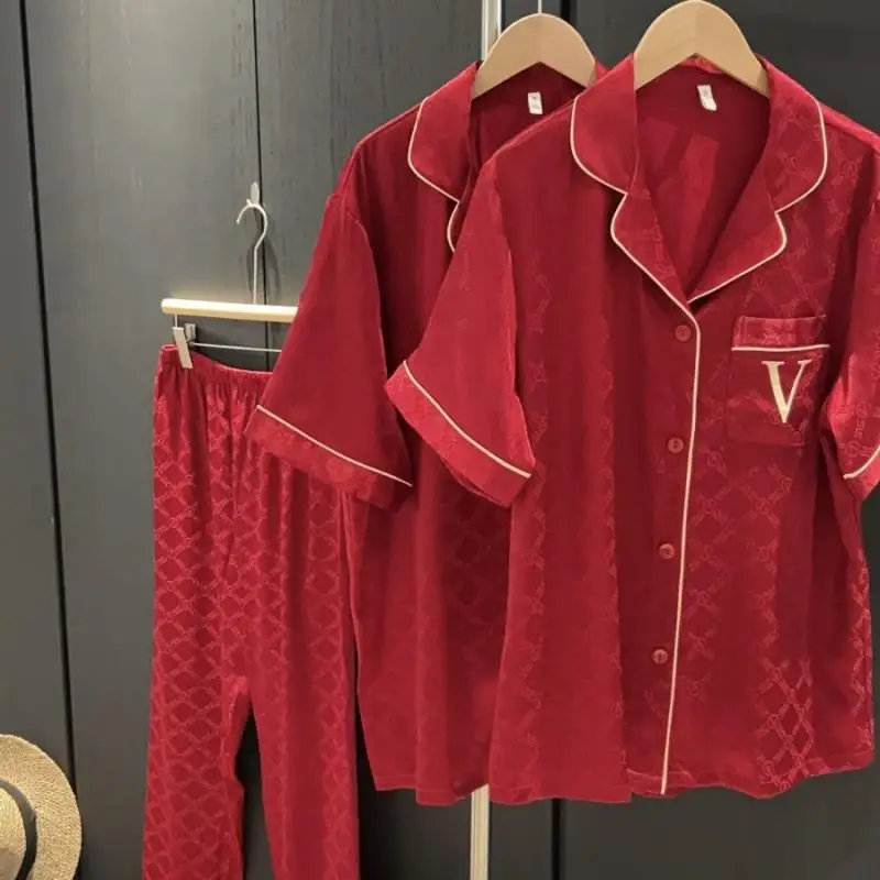 

Women Red Pajamas Couple Ice Silk Sleepwear 2Pcs Short Sleeve Shirt Pants Luxury Print Loungewear Summer Nightwear Hom Clothing