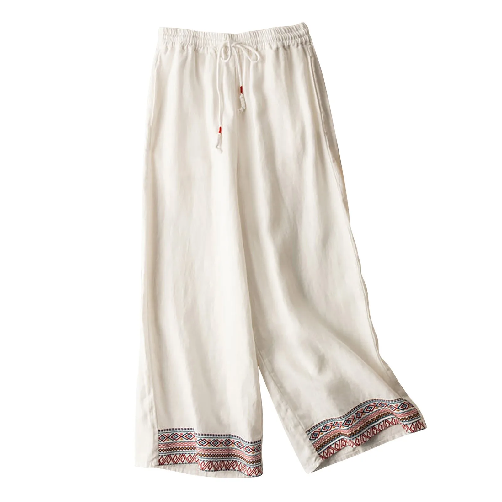 Women Bohemian Baggy Pants Ethnic Style Embroidery Cotton Linen Straight Trousers Elegant High Waist Drawstring Beach Style Pant