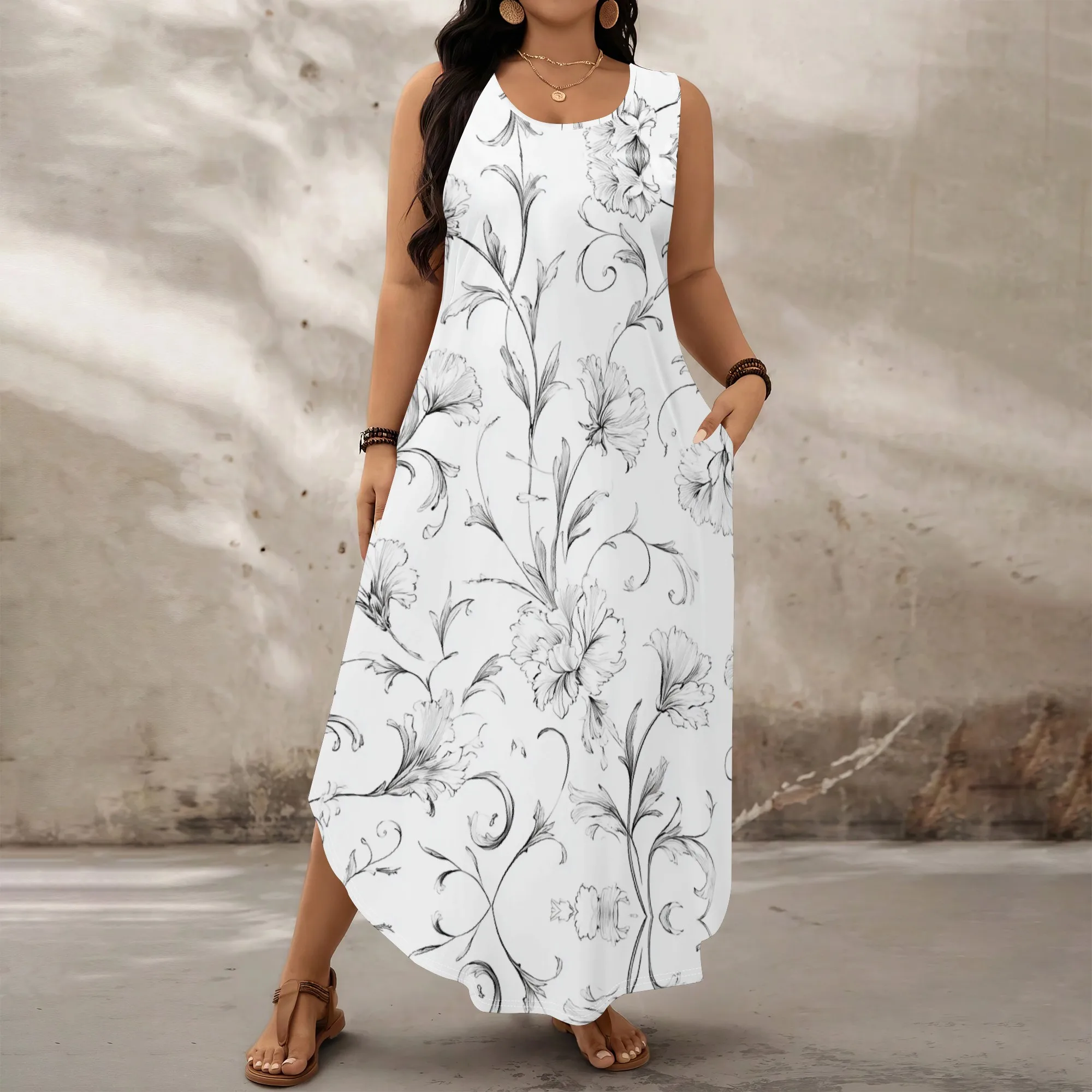 

Plus Size Women's Elegant Maxi Dress Sleeveless Black White Floral Print Loose Fit Casual Vacation Dress with Pockets XL-6XL
