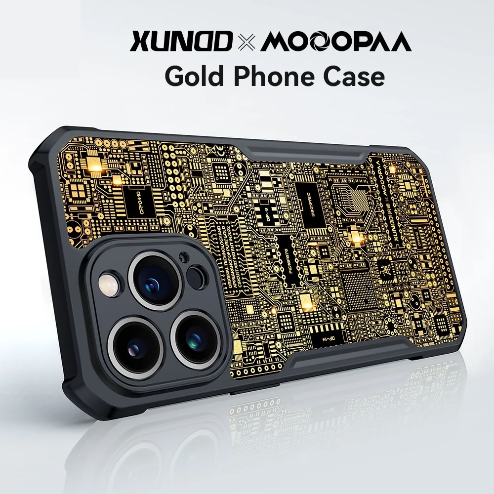 Top! X Mooopaa Pure Gold Case For iPhone 12 13 14 Pro Max Cover Handmade Original Plating Future Circuit Luxury Shockproof Case