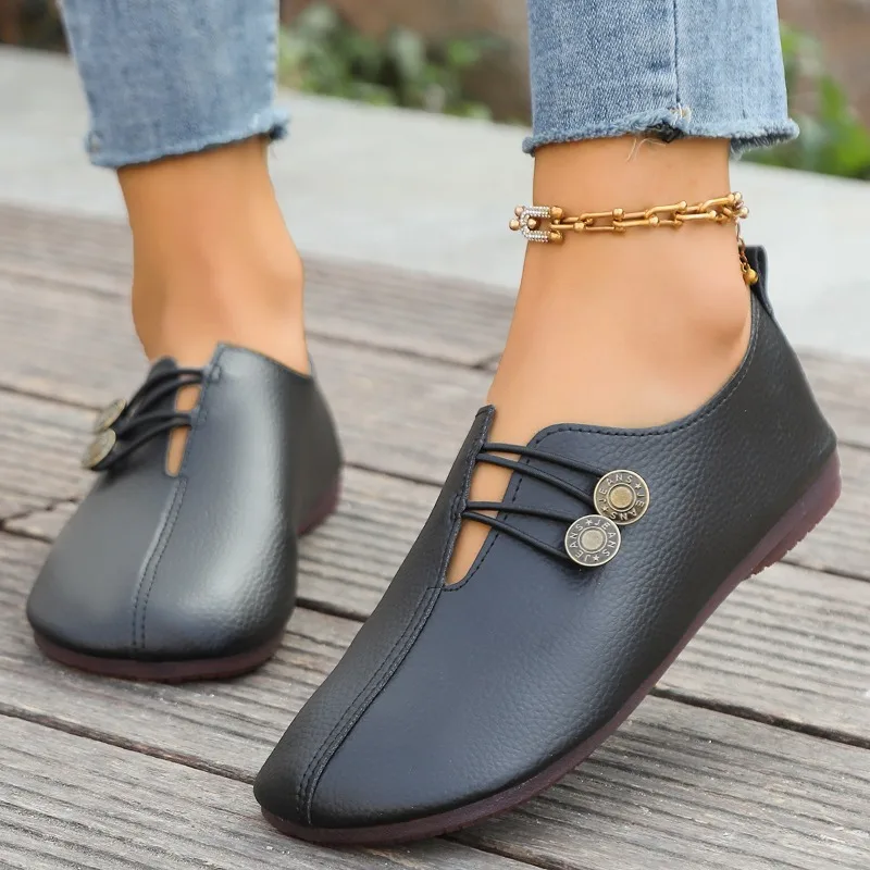 2025 zapatos de mujer de PU de verano nuevos zapatos antideslizantes de Color sólido para mamá zapatos planos de mujer zapatos casuales de moda para mujer