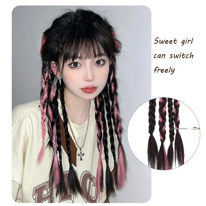 Black Pink Extra Long Braided Ponytail Synthetic Hair Extension With Hair Tie Natural Straight Braid Ponytail Extensions Girl