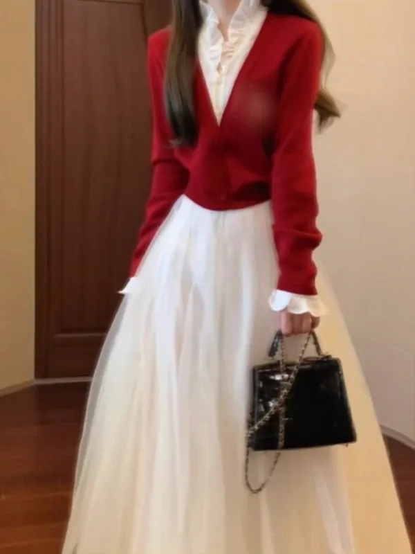 

Unique Beautiful Women's Faion Set ort Sve Long Dr High Waist Cotton Net f Skirt Two-Piece Spring Ensemble