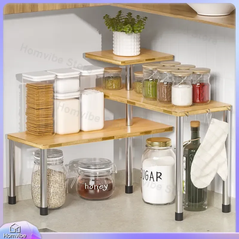 Bamboo Kitchen Seasoning Storage Rack Countertop Multi Layer Bottle Can Integrated Multifunctional Rotating Organizer Shelf