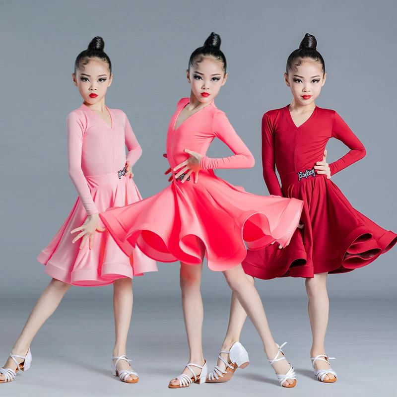 2024 New Children's Latin Dance Dress Girls' Dance Practice Dress Latin Dance Dress Long Sleeve Competition Split  Women's Perfo