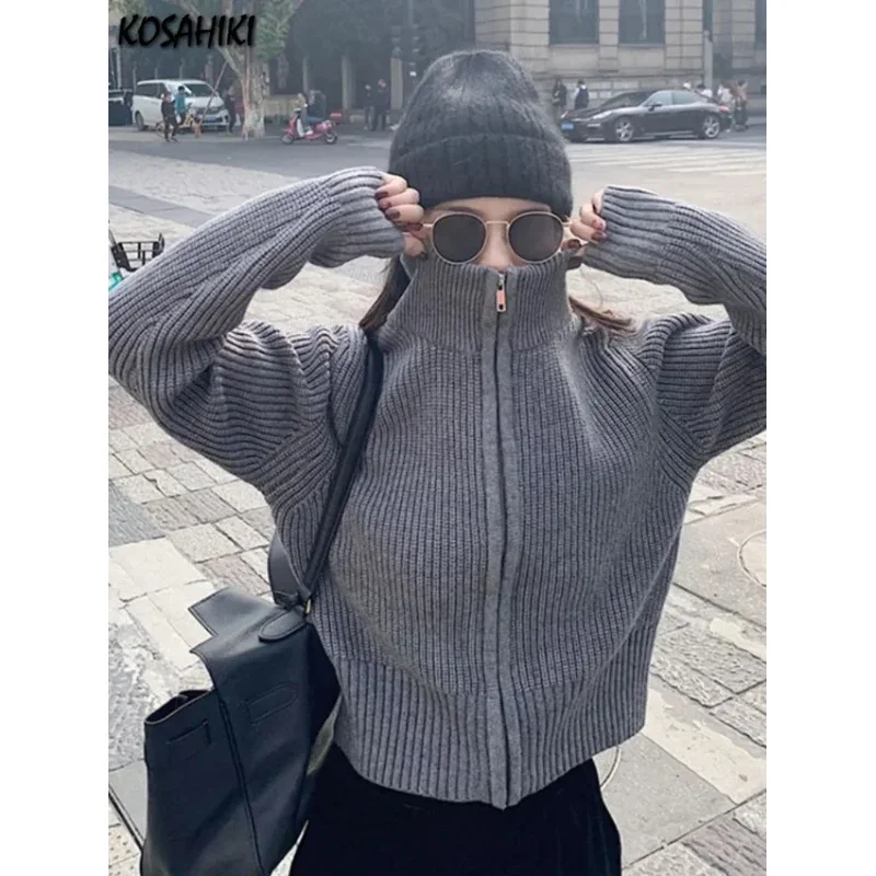Y2k سترة هاراجوكو الجمالية Mujer كارديجان الياقة المدورة ملابس الشارع الشهير رمادي المحاصيل القمم سستة 2024 الخريف كل مباراة الصلبة سترة #1