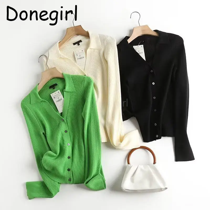 

Donegirl 2023 New Fashion Women Spring Autumn V-neck Ribbing Knitted Sweater Solid Simple Cardigans Slim Lapel Tops Female Chic