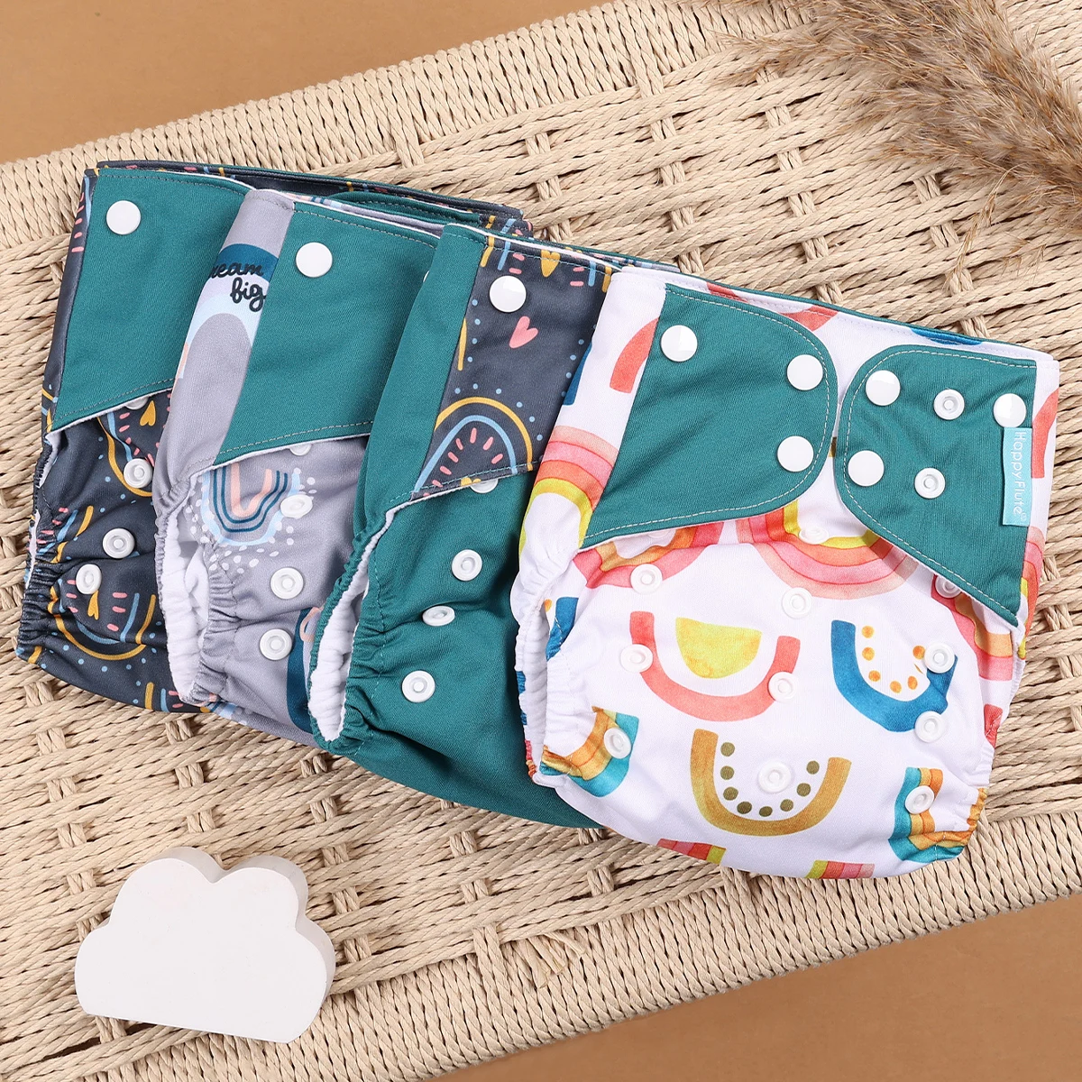 HappyFlute 3-15Kg 4PCS Set Suede Cloth Inner Fashion Exclusive Print Baby One Size Nappies Reusable Cloth Diaper