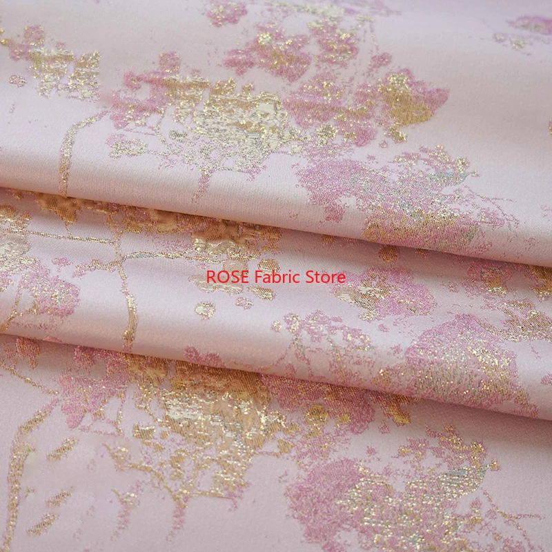 1 Meter Pink Gold Embossed Yarn Dyed Jacquard Fabric Spring Autumn Women's Elegant Dress Coat Bag Decorative Sewing Fabric