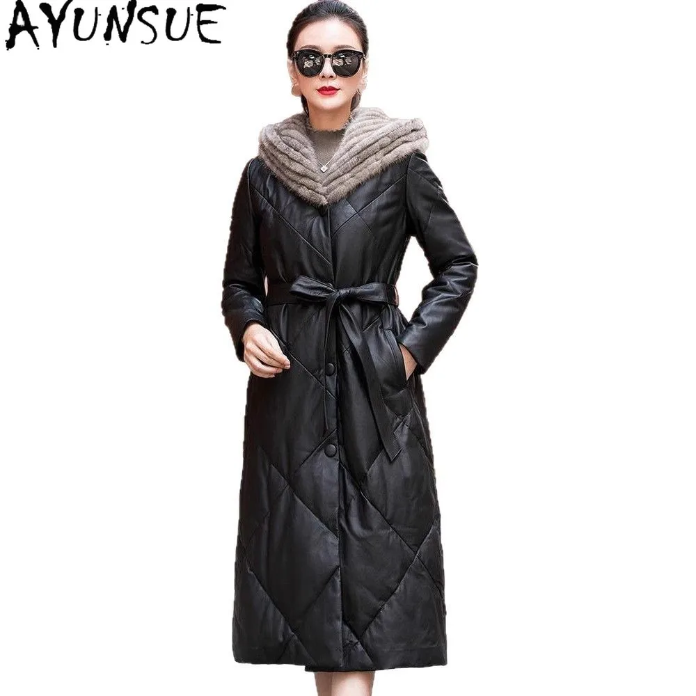 AYUNSUE 진짜 양피 정품 가죽 자켓 여성 겨울 의류 롱 스타일 다운 코트 여성 코트 후드 밍크 모피 칼라