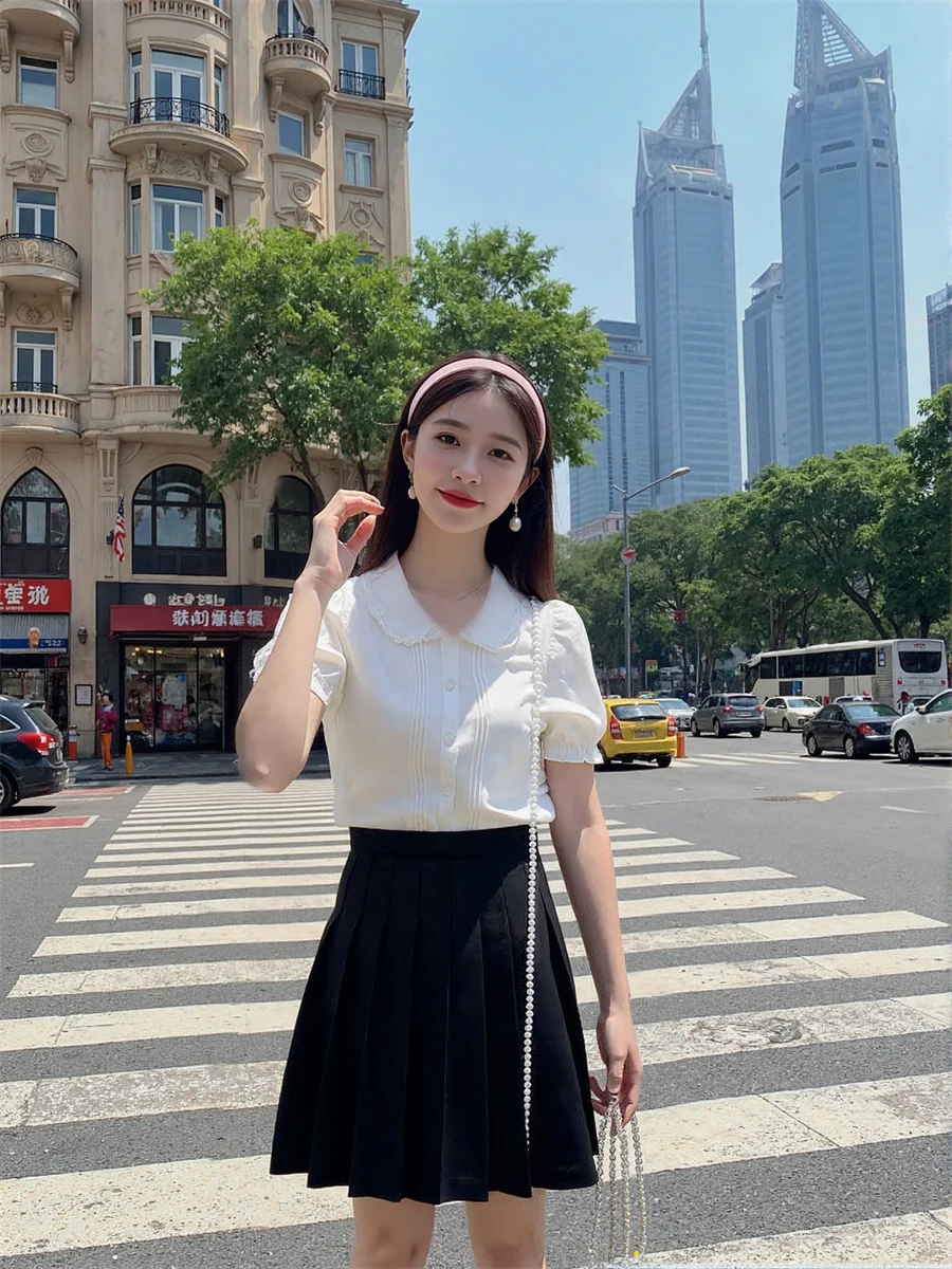 قمصان نسائية قصيرة الأكمام مع الكشكشة س الرقبة الياقة المستديرة زر الجبهة بسيطة الأساسية الحد الأدنى بلوزات بلايز عادية الموضة #4