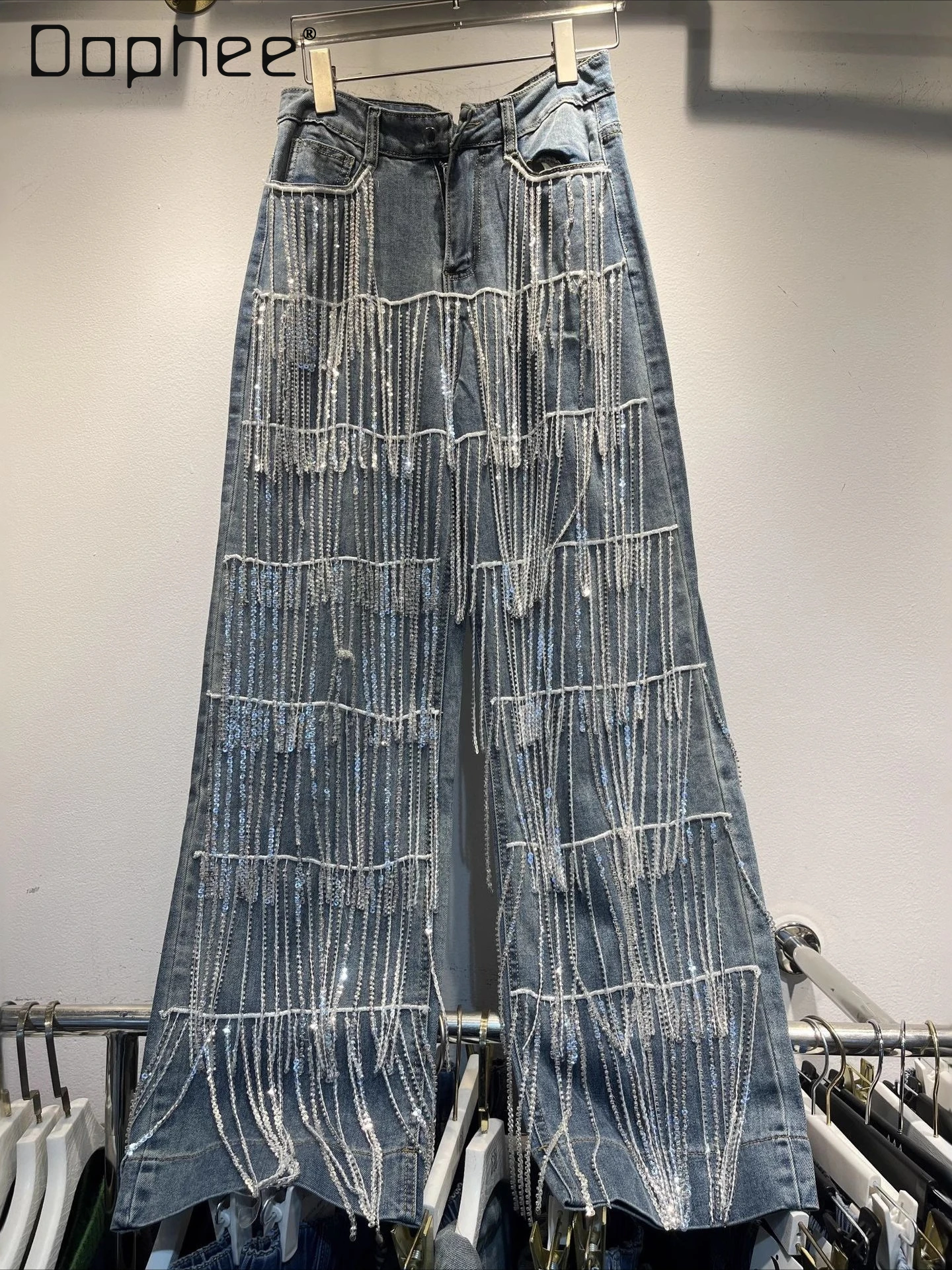High-End Sequin Tassel Jeans for Women Autumn Winter Street Personality Solid Color Versatile High-Waisted Slim Wide-Leg Pants