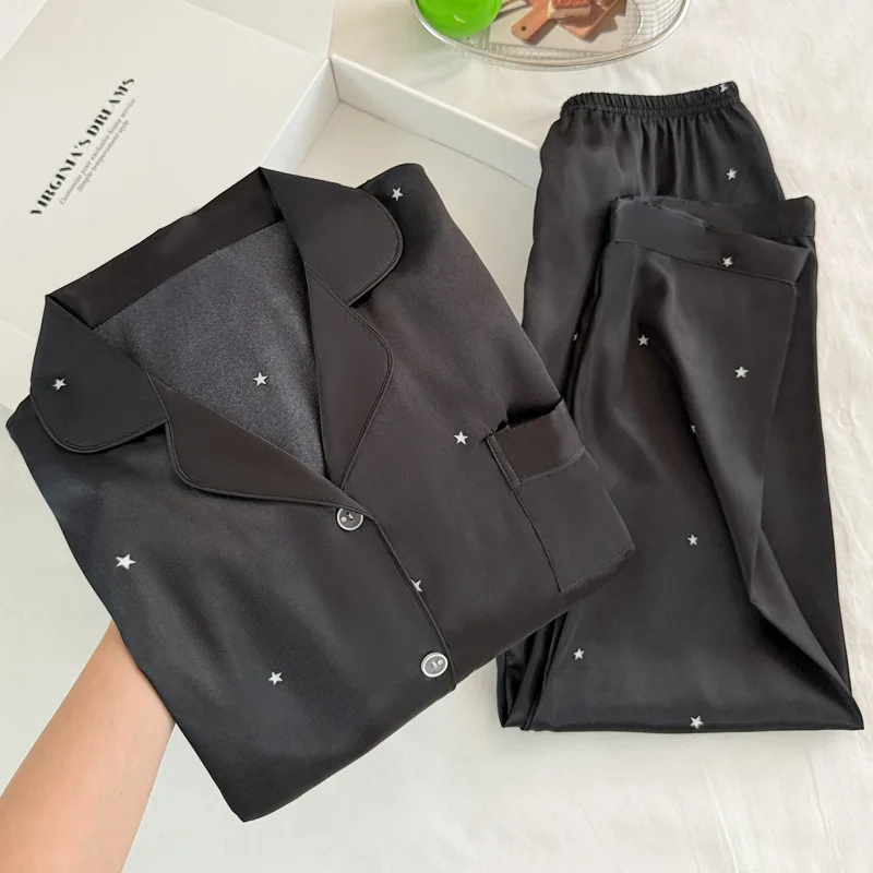 Fashionable Simple Star Black Ice Silk Pajamas for Women Spring and Autumn Long Sleeved Loose and High-End Sleepwea Homewear